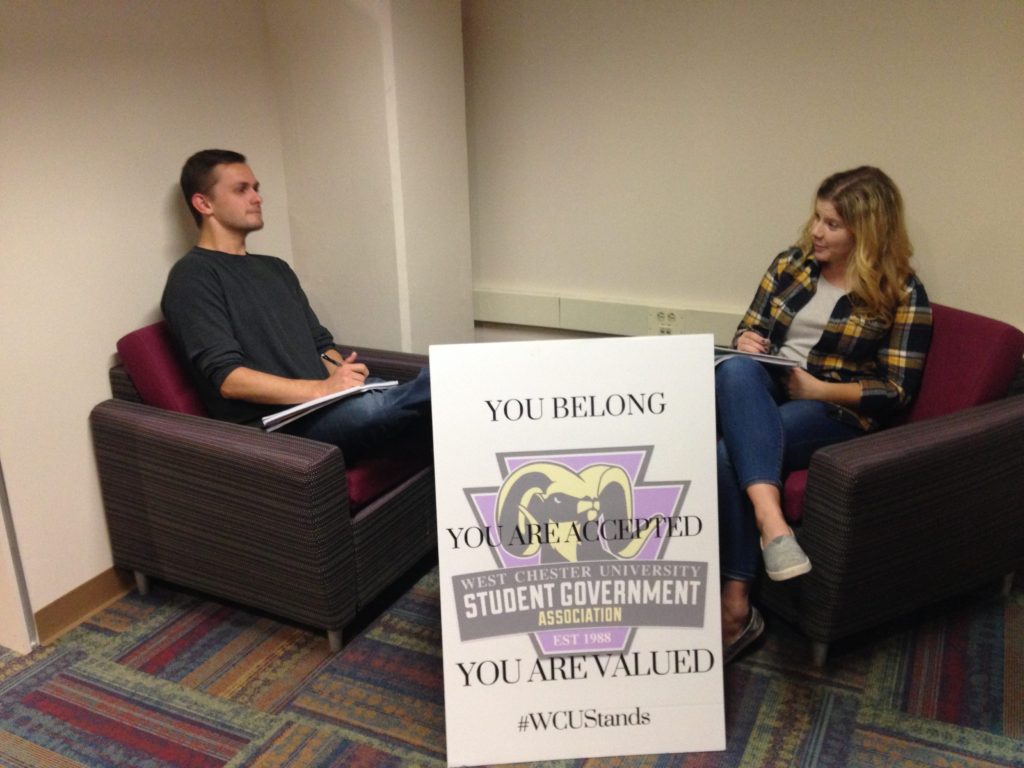 Student Government President and Secretary discussing their plans moving forward to stand against hate at West Chester University