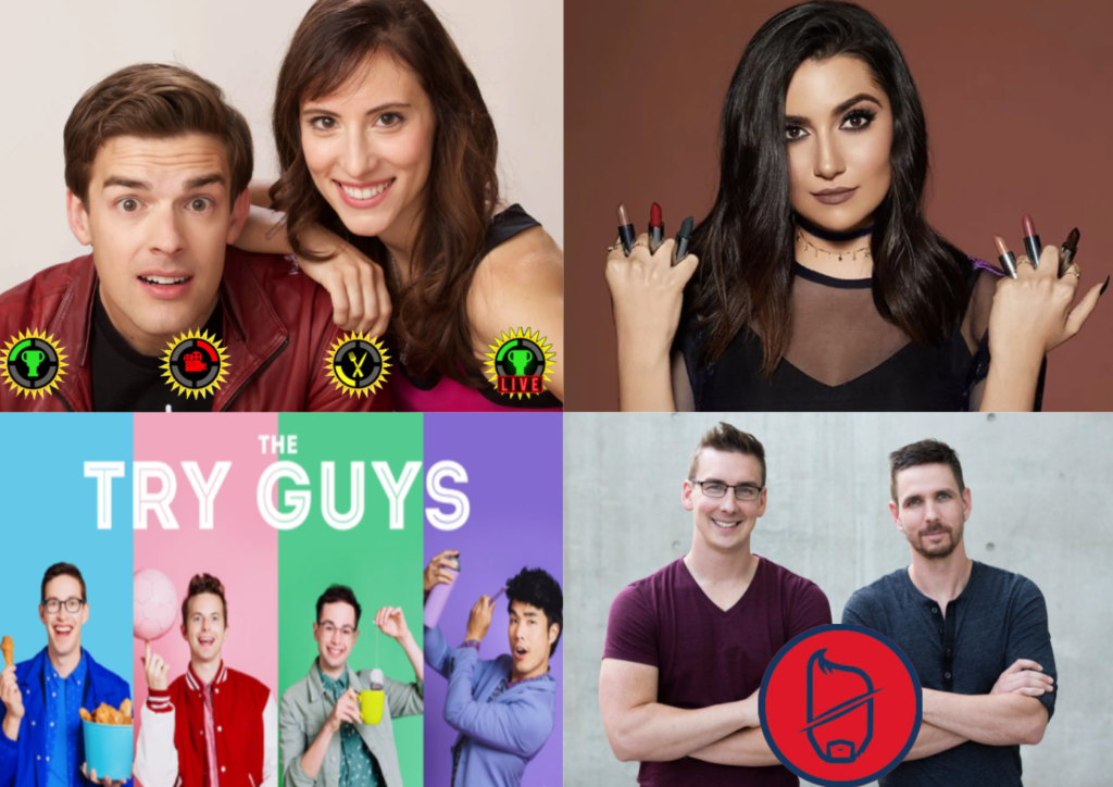 From left to right: Matthew and Stephanie Pattrick (with the logos for The Game Theorist Channel, The Film Theorist Channel, the Food Theorist Channel, and the GTLive Channel), Safiya Nygaard, The Try Guys (Keith Habersberger, Ned Fulmer, Zach Kornfeld, and Eugene Lee Yang), and J and Ben Carlin (with the Super Carlin Brothers Logo)